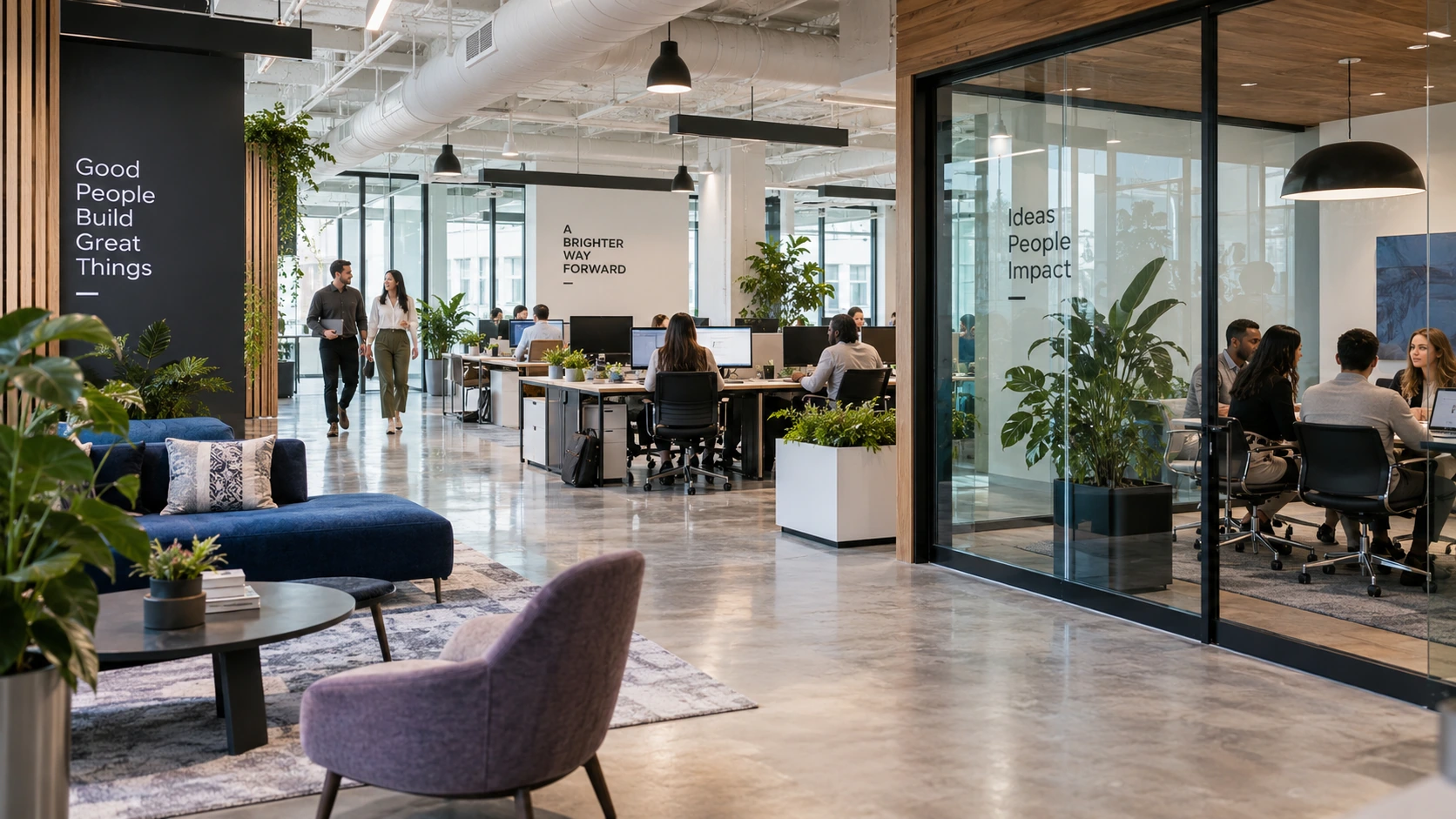 People collaborating in a contemporary office beside a glass meeting room